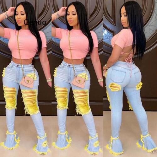 Plus Size Denim Pants Women Retro Solid Sexy Hole Jeans Ripped Flare Trousers Street Skinny High Waist Lady Pants