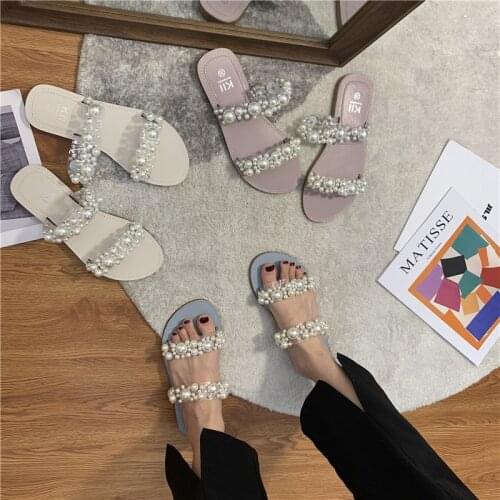 String Bead clear double band slides female summer beach shoes woman sandals flip flops flat pearl transparent slippers women