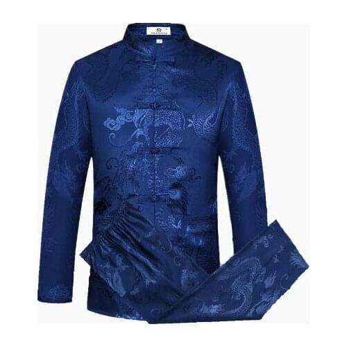 Blue Chinese Traditiona Mens Tang Suit Sets Long Sleeve Long Pants Dragon Kung Fu Suit High Quality Silk Wu Shu Tai Chi Sets