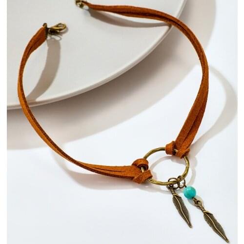 Vintage Leather Feather Choker Necklaces For Women Girls Retro Antique Gold Boho Statement Necklaces Fashion Jewelry