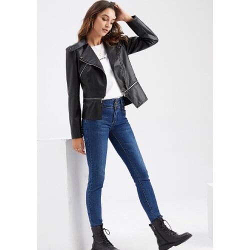 Womens Bomber Jacket Spring And Autumn Punk Imitation Leather Jacket Detachable Solid Color Long-sleeved Lapel Locomotive Wind