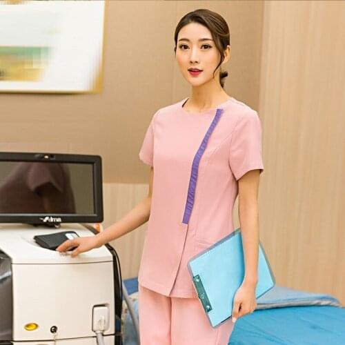 Women Spa Massage Beautician Uniform Beauty Salon Waitress Uniforms Female Hotel Beautician Short Sleeve Work Clothes AS283