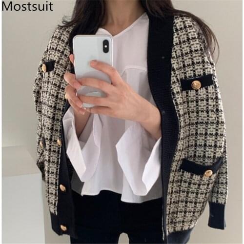2020 Autumn Korean Plaid Knitted Cardigans Sweaters Women Long Sleevev-neck Single-breasted Elegant Vintage Tops Cardigans Femme