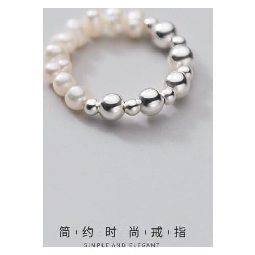 Real 925 Sterling Silver Rings for Women Freshwater Pearl Beads Asymmetrical Finger Band Korean Sweet Fashion Jewelry 2021