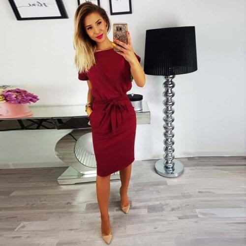 Summer Polyester Womens Dress Round Collar Short Sleeve Pullover Pockets Sashes Solid Fashion Office Lady Dress