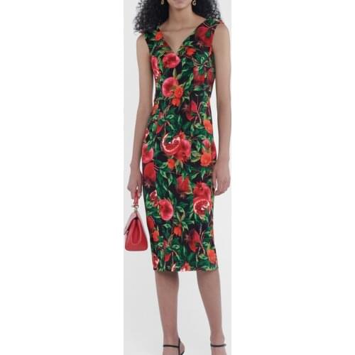 Luxury Pomegranate Print Women Dress Elegant V-Neck Sexy Sleeveless Red Dresses 3182
