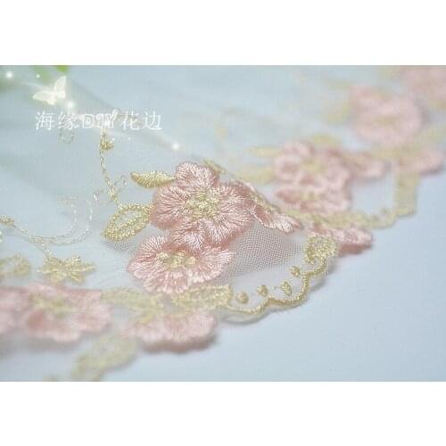 1 Yard High Quality Beautiful Pink Gold Embroidery Lace Trim Garment Lace Accessories Fabric 8cm