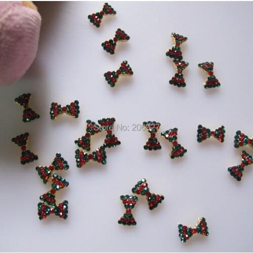 MD-323 10pcs Fancy Green and Red Rhinestone Christmas Gold Bow Deco Metal Charms Metal Deco Charms Nail Art