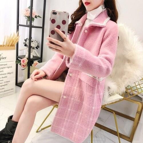 2020 Autumn and Winter Clothing Fashion Mink Fleece Sweater Coat Women Loose Mid-length Knit Cardigan Jacket Plaid Spliced k1182