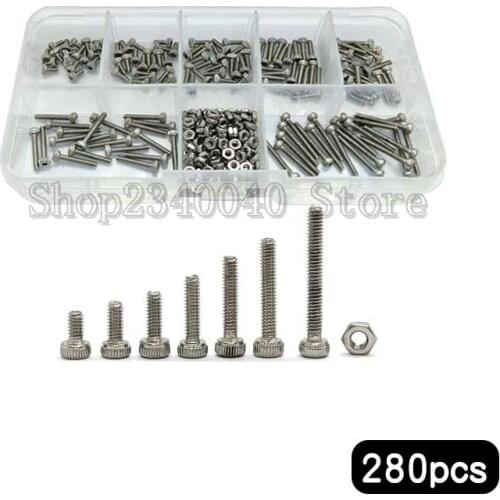 280Pcs/set 2mm Allen Bolts With Nuts 304 Stainless Steel Screw Cap Head Screw Bolt Nut M2*4/5/6/8/10/12/16 Hexagon Socket Screws