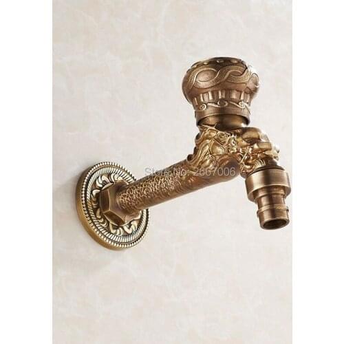 Free Shipping New Garden Tap Art Carved Antique Brass Finish Washing Machine Faucet Single Handle Wall Mounted Bibcock Tap GI127