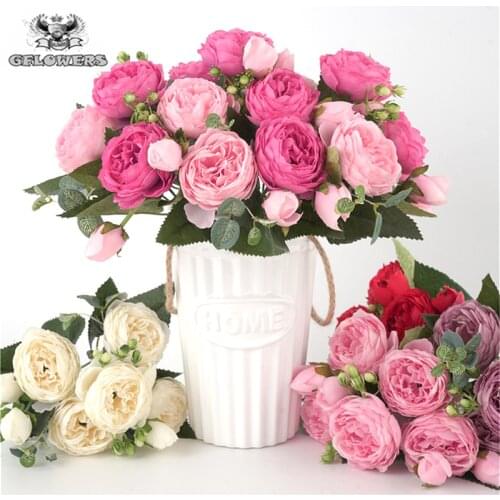 Bouquet of artificial flowers of peony, rose, silk artificial flowers, 5 large heads, 4 flowers and cheap bud for home interior