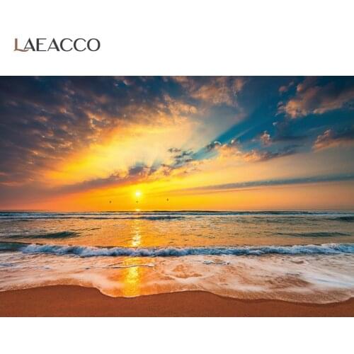 Laeacco Summer Sea Beach Waves Sunset Natural Scenic Photo Backdrop Clouds Sky Baby Shower Holiday For Photo Studio Background