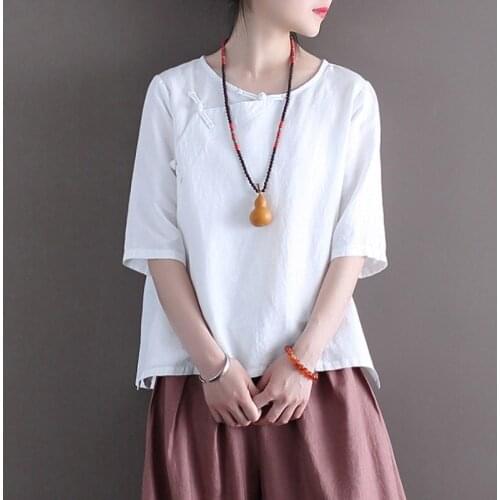 Johnature Women Chinese Style Shirts Cotton Linen Blouses Button Solid Color Tops 2021 Summer O-Neck Seven Sleeve Female Shirts