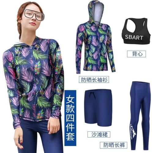 4 piece set Womens UPF 50+ Zip Front Long Sleeve Rashguard Swimsuit Top & Bottom Sets Swimwear Swimming Bathing Suit Sun UV
