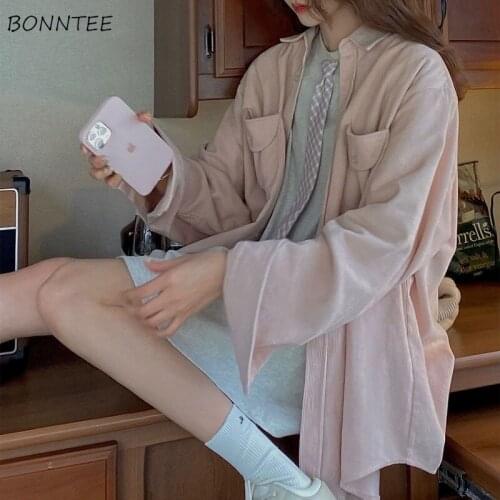 Jackets Women Candy Color Corduroy Loose Sweet Buttons Pockets Spring Autumn All-match Soft Long Sleeve Outwear Retro Ulzzang