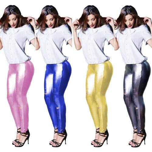 Hot Selling Solid Slim Pants Liquid Look PU Faux Leather Metallic Stretchy Leggings Sexy Dance Pants Disco leggings