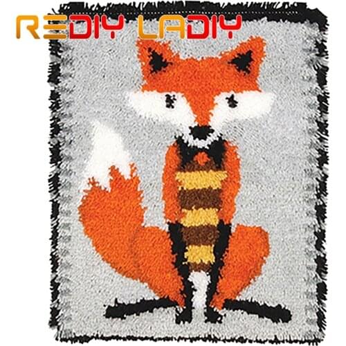 Latch Hook Rug Kits Crocheting Carpet Rug Smart Red Fox Acrylic Yarn Pre-Printed Canvas Cushion Mat DIY Crochet Tapestry Crafts