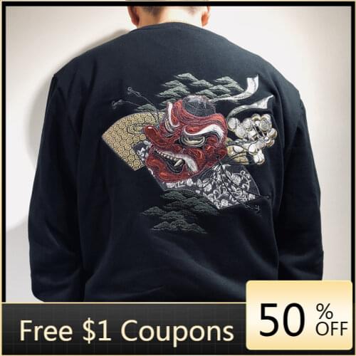 New Spring Autumn Yokosuka Embroidery Tengu Heavy Industry Embroidery Mens Washed Cotton Crew Neck Sweatshirts Retro Loose Coat