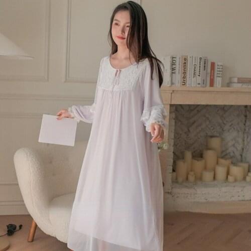 Princess Sleepwear Romantic Nightgowns Women Autumn Mesh Modal Long Night Dress Victorian Vintage Lace Peignoirs Home Nightwear
