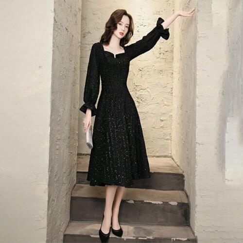 Special Occasion Dresses Vintage Square Collar Three Quarter Luxury Black Knee-Length A-Line Satin Backless Lady Prom Gown E1031