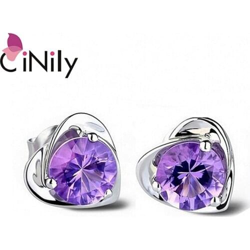 CiNily Minimalist LOVE Stud Earrings Solid 925 Sterling Silver Violet Purple Heart Mini Earring With Stone Korean Jewelry Woman