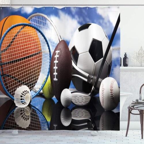 Sports Shower Curtain Sports Equipment Football Soccer Darts Ice Hockey Baseball Basketball Theme Bathroom Decor Set with Hooks