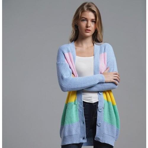 Autumn Winter Sweater Female Rainbow Contrast Color Striped Casual Tops Long Cardigan Coat Patchwork Fashion Knitwear DD2356