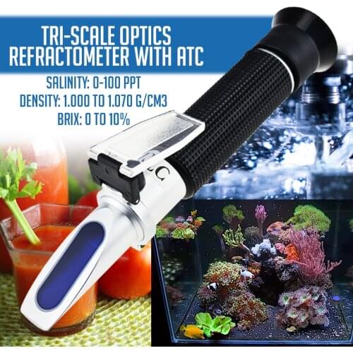 Brix & Salinity Tri-Scale Refractometer for Saltwater Brackish Marine Reef Brix 0-10%/ Salinity 0-100PPT