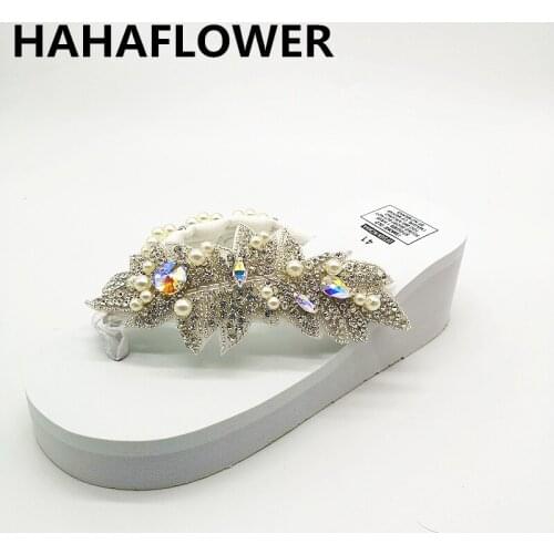 HAHAFLOWER 2019 women sandals shiny diamond crystals handmade pearl slip on sandal slides bohemia slippers wedge platform heels