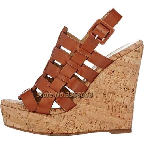 Wedges Wooden Heel Rome Sandals Manufacturer Open Toe Back Strap Hollow Dress Women Shoes Round Toe Brown Black Dress Women Shoe
