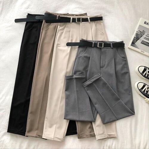 Work Leisure Suit Pants 2021 Korean Women Crimping High Waist Casual Trousers Office Ladies Ankle-Length Harem Pants With Belt