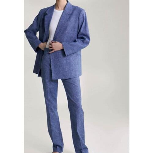 Linen Blended Notched Collar Double-breasted Loose Blazer Women Long Pants