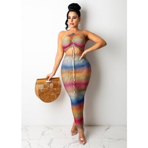 Hot Sale 2-Piece Knitted Set Women Summer 2021Sexy Lady Short Halter Tops High Elastic Waist Long Skirt Set Beach Set