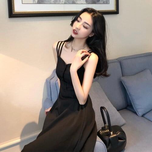 Womens French Sexy Sling Dress for 2021 Summer Fashion Clothing Korean Style Girls Slim Fit Black Off Shoulder Evening Dresses