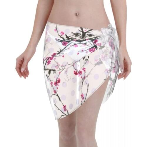 Women See-Through Beach Bikini Cover Up Wrap Scarf Swimwear Pareo Sarong Dress Traditional Ink Flowering Plum Casual Beach Dress