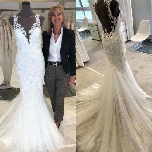 2019 Bohemian Wedding Dresses Scoop Neck Backless Lace Appliques Bridal Gowns Custom Made Sweep Trian Mermaid Wedding Dress