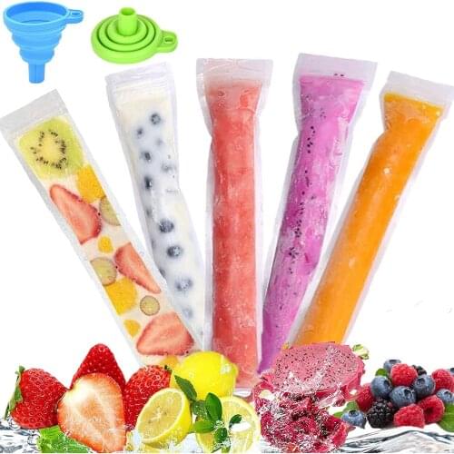 100pcs Disposable Ice Popsicle Mold Bags with Zip Seals Funnels Ice Freezer Bags for Ice Candy Juice & Fruit Smoothies