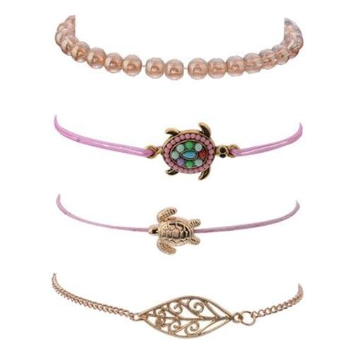 4pcs/pack personality bangle bracelet with faux crystal beads and tortoise/leaf design in mixed link chains in gold tone