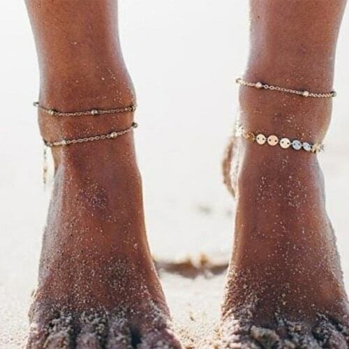 Boho Fashion Silver Plated Gold Color Beads Ankle Bracelet Amulet Barefoot Sandal Beach Ankle Chain Set Accessories Foot Jewelry