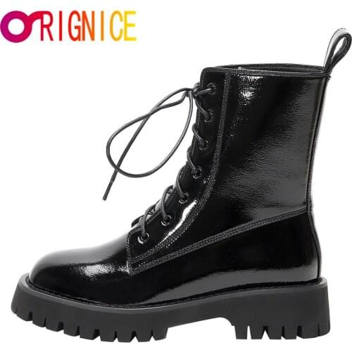 Orignice New Arrival Genuine Leather Motorcycle Ankle Boots Rubber Women Flat Platform Round Toe Lace Up Autumn Shoes Black