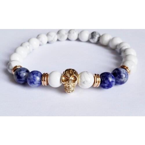 Mens AntiqueTwo Color Skull Bracelets 8mm Natural White Howlite Stone Beads Bracelets Jewelry Bijoux 2020