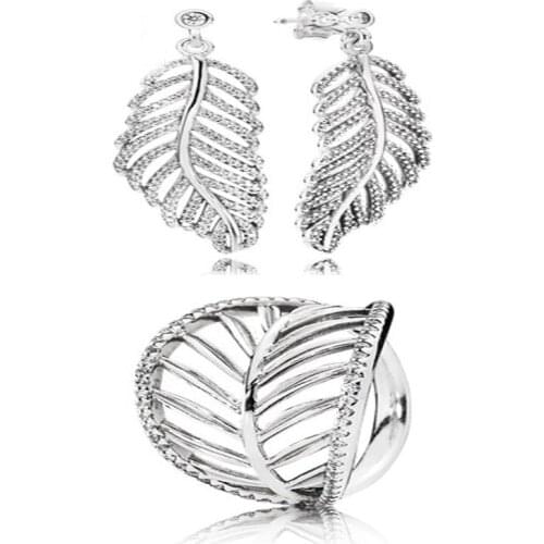 NEW100% 925 sterling silver leaf leaves zircon hollow elegant ring elegant and elegant ear studs factory outlet