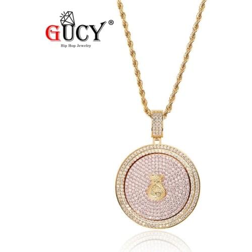 GUCY Hip Hop Rotatable Coin Dollar Sign Pendant Necklace All Iced Out Cubic Zircon Purse Circle Pendants&Necklaces Mens Gifts