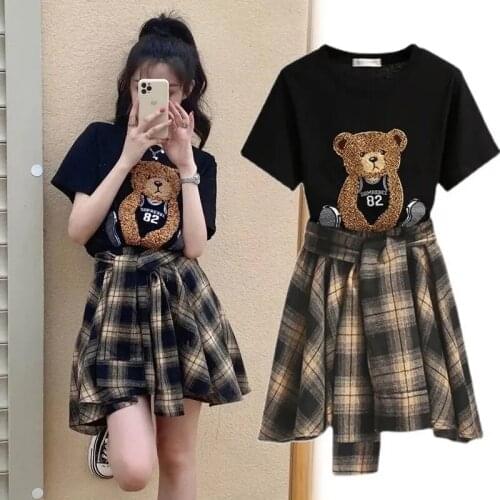 Summer Womens Skirt And Top Set Plus Size Bear Cartoon Black Short Sleeve T-Shirt Plaid Skirt Suit Fashion Loose Aesthetic