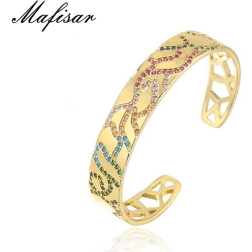 Mafisar 2021 New Fashion Colourful Cubic Zirconia Geometric Pettern Bangles For Women Gold Color Open Bangle Femme Bijoux Gift