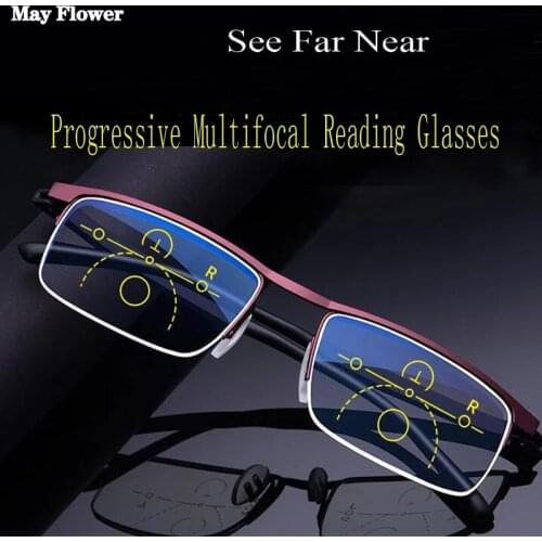 May Flower Progressive Multifocal Reading Glasses Half Frame Metal Presbyopic Eyewear Anti Blue Ray Square Magnifying Eyeglaases