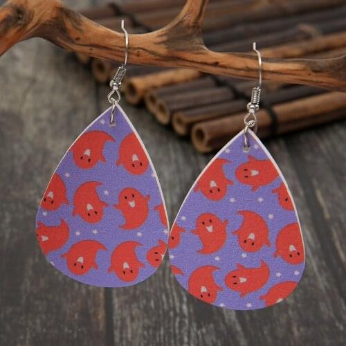 2021 New European and American Halloween Cute Ghost Leather Earrings Female Easter Drop-shaped Double-sided Printed Earrings