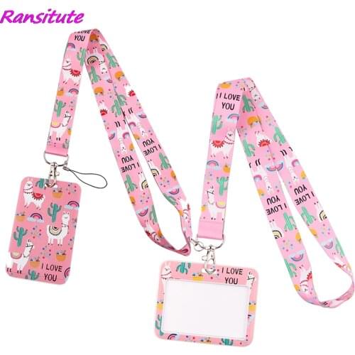 Ransitute R1624 Kawaii Pink Alpaca Lanyard ID Badge Holder Student Hanging Neck Mobile Phone Lanyard Badge Subway Access Card