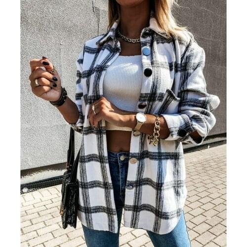 Tweed women vintage oversize plaid long shirts 2020 autumn chic ladies streetwear loose shirt elegant female outfits girls
